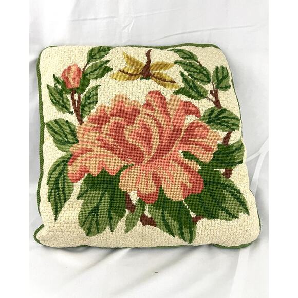 VTG Hand Sewn Pillow Pink Floral Roses Dragonfly Embroidered 13"x13" - Picture 1 of 11